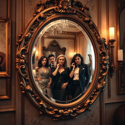 A detailed and captivating scene in which a large, ornate mirror with an elegantly carved frame is reflecting three people