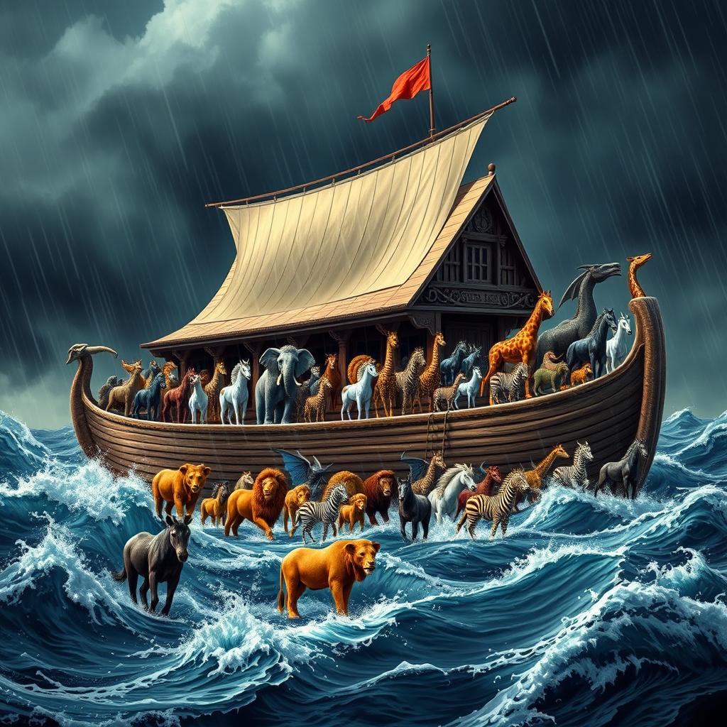 A grand depiction of Noah's Ark floating majestically on turbulent seas, surrounded by dark stormy skies and torrents of rain