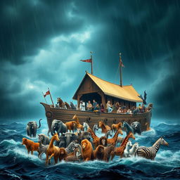 A grand depiction of Noah's Ark floating majestically on turbulent seas, surrounded by dark stormy skies and torrents of rain