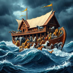 A grand depiction of Noah's Ark floating majestically on turbulent seas, surrounded by dark stormy skies and torrents of rain