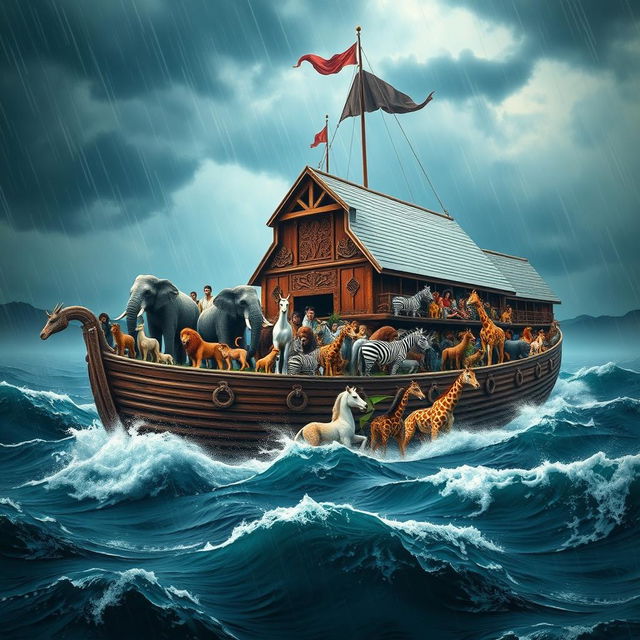 A grand depiction of Noah's Ark floating majestically on turbulent seas, surrounded by dark stormy skies and torrents of rain