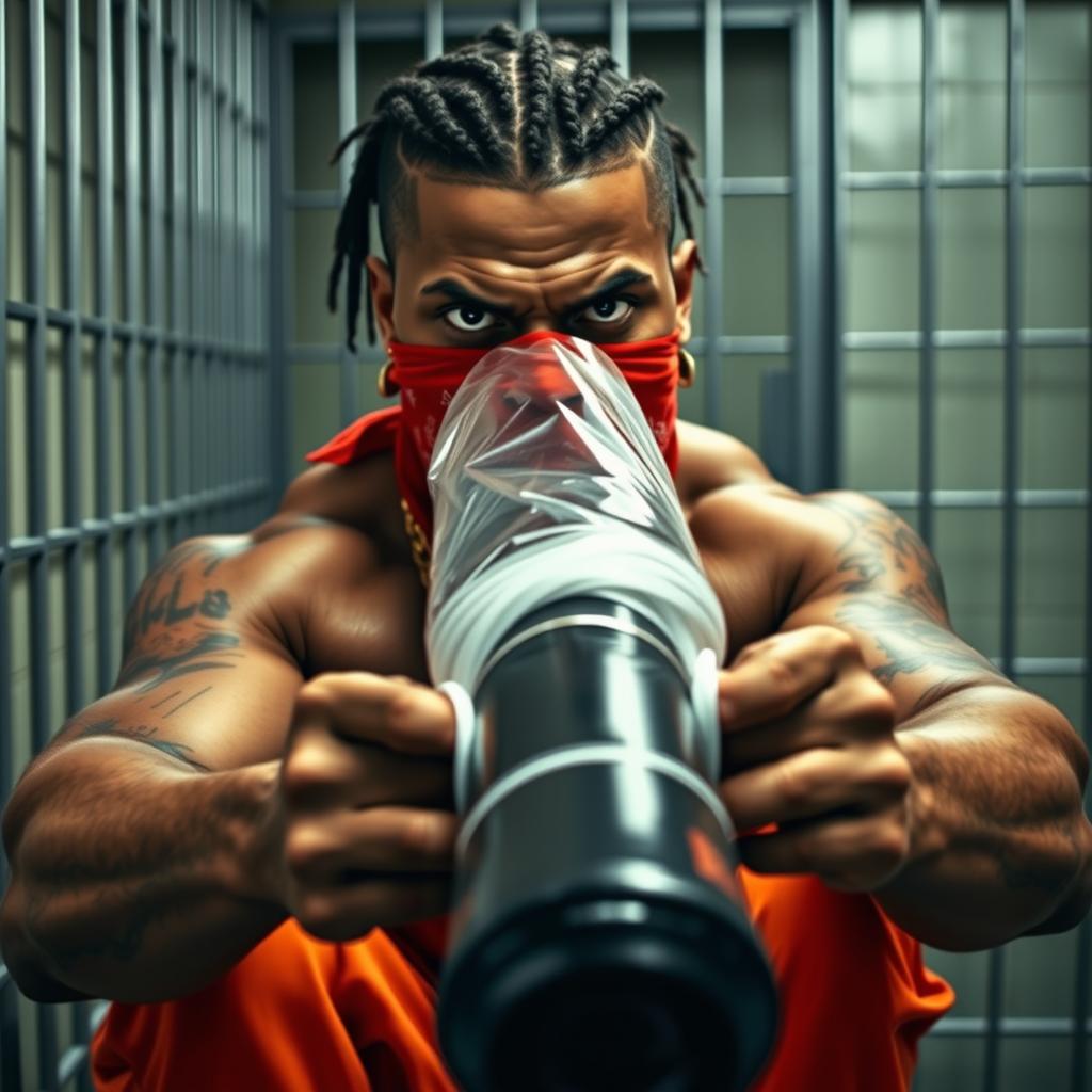 A close-up of a muscular African American gang member in a prison cell, encapsulating intensity and toughness