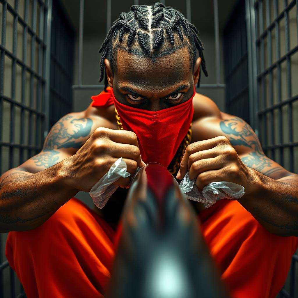 A close-up of a muscular African American gang member in a prison cell, encapsulating intensity and toughness