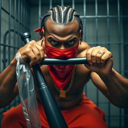 A close-up of a muscular African American gang member in a prison cell, encapsulating intensity and toughness