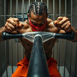 A close-up of a muscular African American gang member in a prison cell, encapsulating intensity and toughness