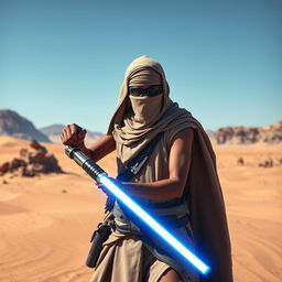 A Tusken Raider from Star Wars wielding a lightsaber, standing confidently in a vast desert landscape with their face completely covered