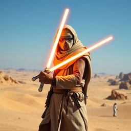 A Tusken Raider from Star Wars wielding a lightsaber, standing confidently in a vast desert landscape with their face completely covered