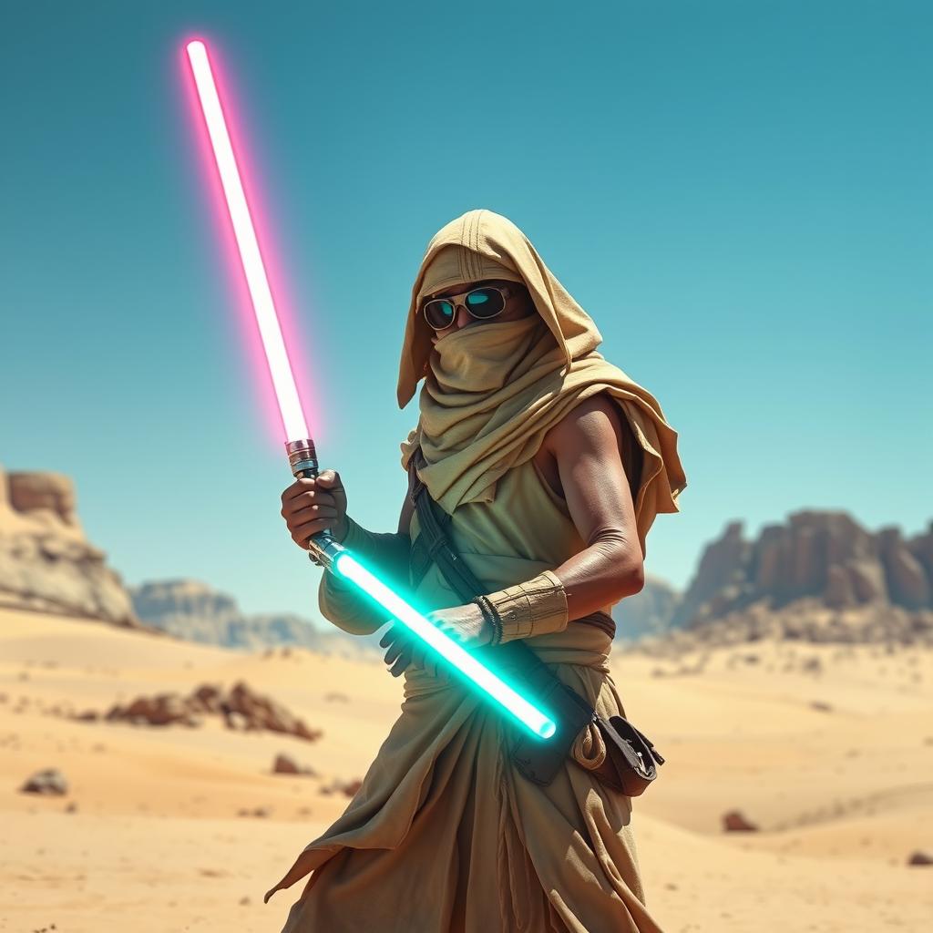 A Tusken Raider from Star Wars wielding a lightsaber, standing confidently in a vast desert landscape with their face completely covered