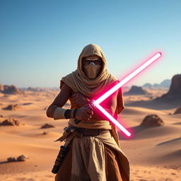 A Tusken Raider from Star Wars wielding a lightsaber, standing confidently in a vast desert landscape with their face completely covered