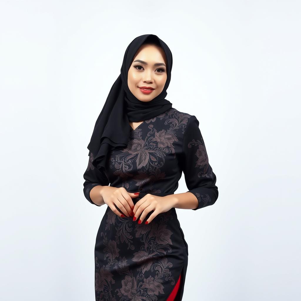 A striking and bold Indonesian woman who effortlessly combines the elegance of Malay hijab style with a modern twist