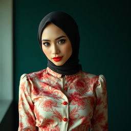 A striking and bold Indonesian woman who effortlessly combines the elegance of Malay hijab style with a modern twist