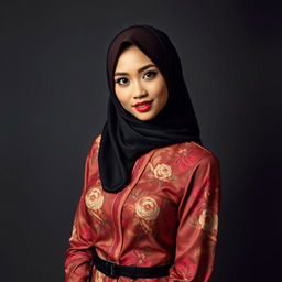 A striking and bold Indonesian woman who effortlessly combines the elegance of Malay hijab style with a modern twist