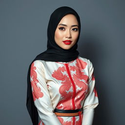 A striking and bold Indonesian woman who effortlessly combines the elegance of Malay hijab style with a modern twist