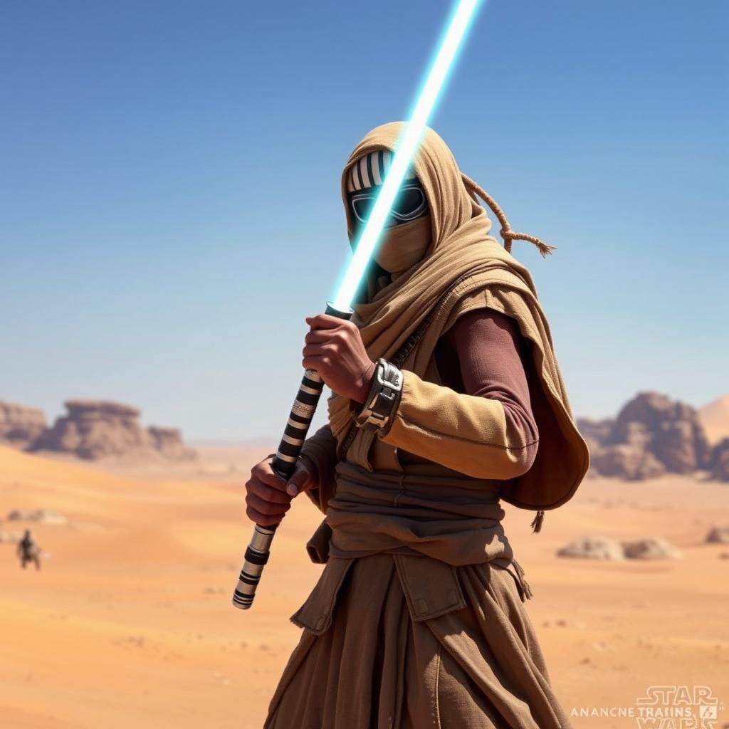 A Tusken Raider from Star Wars wielding a single lightsaber pike, standing heroically in a vast desert landscape with their face completely covered