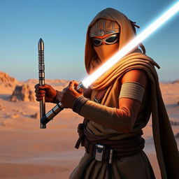 A Tusken Raider from Star Wars wielding a single lightsaber pike, standing heroically in a vast desert landscape with their face completely covered