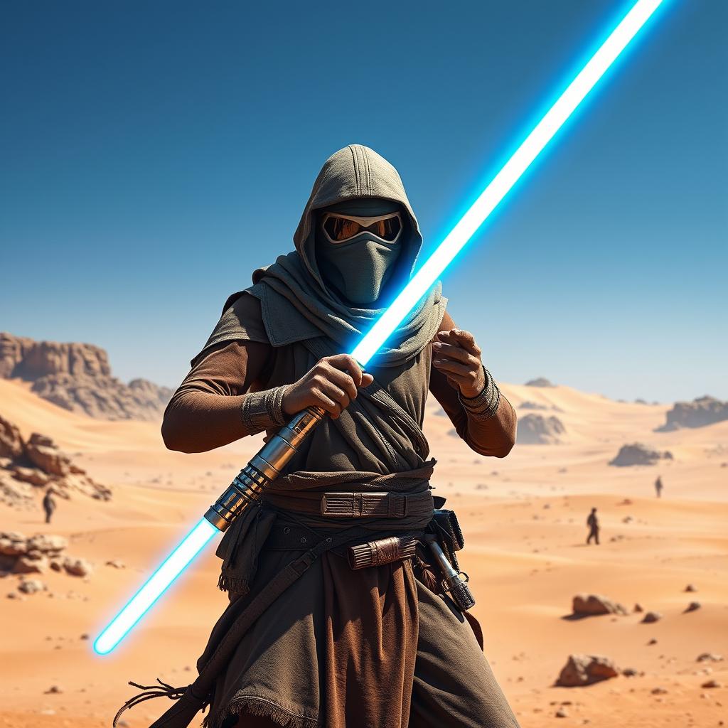 A Tusken Raider from Star Wars wielding a single lightsaber pike, standing heroically in a vast desert landscape with their face completely covered