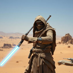 A Tusken Raider from Star Wars wielding a single lightsaber pike, standing heroically in a vast desert landscape with their face completely covered