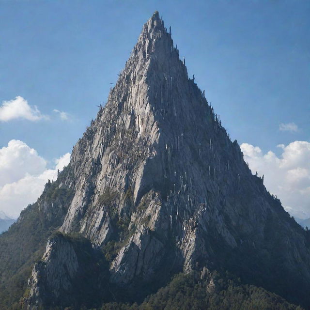 A towering mountain composed entirely of various types of swords, gleaming metallic under the crisp, clear sky.