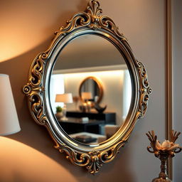 A beautifully designed ornate mirror with an intricate frame, reflecting part of a stylish and elegant room