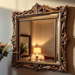 A beautifully designed ornate mirror with an intricate frame, reflecting part of a stylish and elegant room