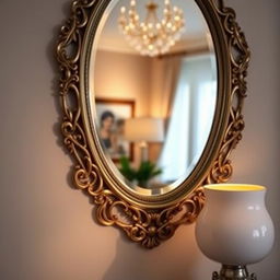 A beautifully designed ornate mirror with an intricate frame, reflecting part of a stylish and elegant room