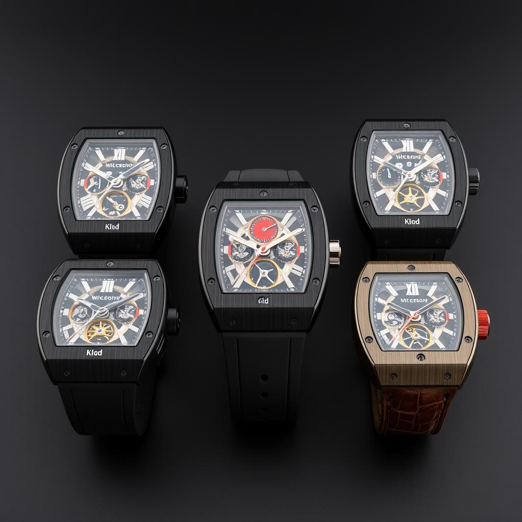 A collection of luxury wristwatches inspired by Richard Mille design, each featuring a tonneau-shaped carbon composite case and a sophisticated skeletonized dial