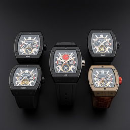 A collection of luxury wristwatches inspired by Richard Mille design, each featuring a tonneau-shaped carbon composite case and a sophisticated skeletonized dial