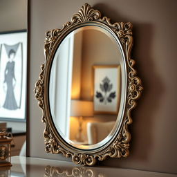 A beautifully designed ornate mirror with an intricate frame, reflecting part of a stylish and elegant room