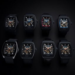 A collection of luxury wristwatches inspired by Richard Mille design, each featuring a tonneau-shaped carbon composite case and a sophisticated skeletonized dial