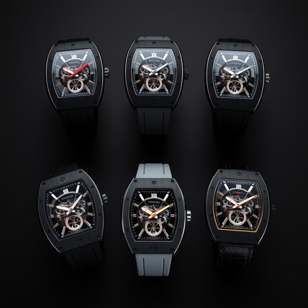 A collection of luxury wristwatches inspired by Richard Mille design, each featuring a tonneau-shaped carbon composite case and a sophisticated skeletonized dial