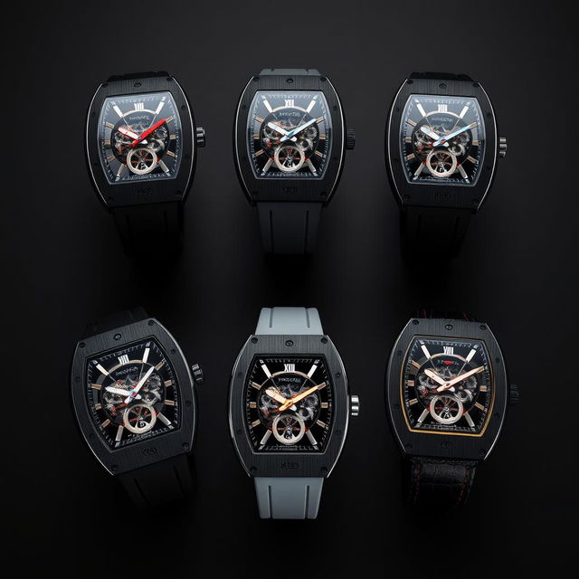 A collection of luxury wristwatches inspired by Richard Mille design, each featuring a tonneau-shaped carbon composite case and a sophisticated skeletonized dial