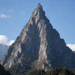 A towering mountain composed entirely of various types of swords, gleaming metallic under the crisp, clear sky.