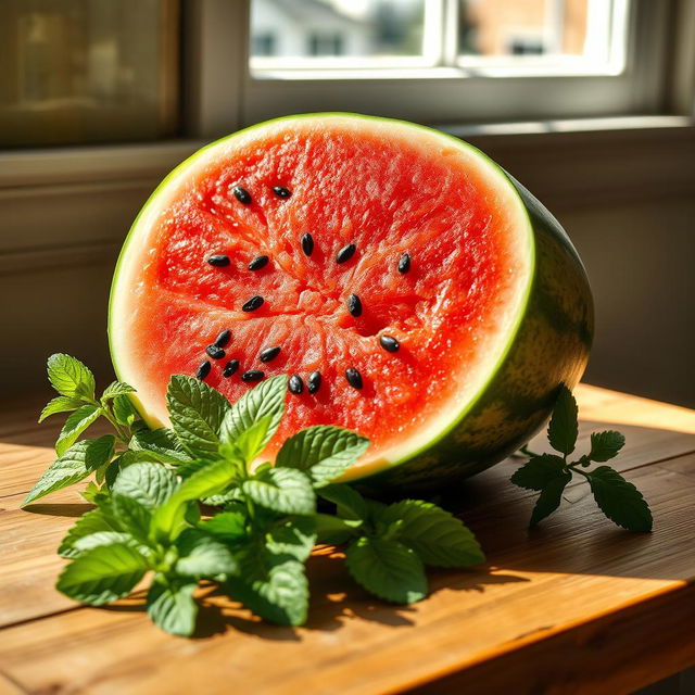 A vibrant still life of a ripe, juicy watermelon sliced open to reveal its red flesh and black seeds