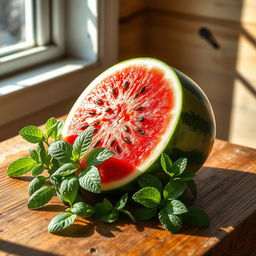 A vibrant still life of a ripe, juicy watermelon sliced open to reveal its red flesh and black seeds