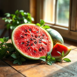 A vibrant still life of a ripe, juicy watermelon sliced open to reveal its red flesh and black seeds