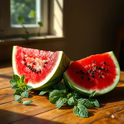 A vibrant still life of a ripe, juicy watermelon sliced open to reveal its red flesh and black seeds