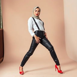 A daring and stylish Indonesian woman seamlessly merging traditional Malay hijab style with edgy modern fashion