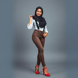 A daring and stylish Indonesian woman seamlessly merging traditional Malay hijab style with edgy modern fashion