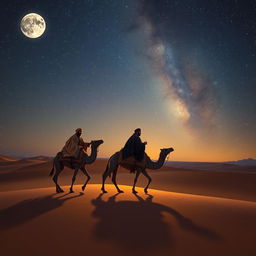 Three wise men from the East traveling across a vast desert under a beautifully starry night sky