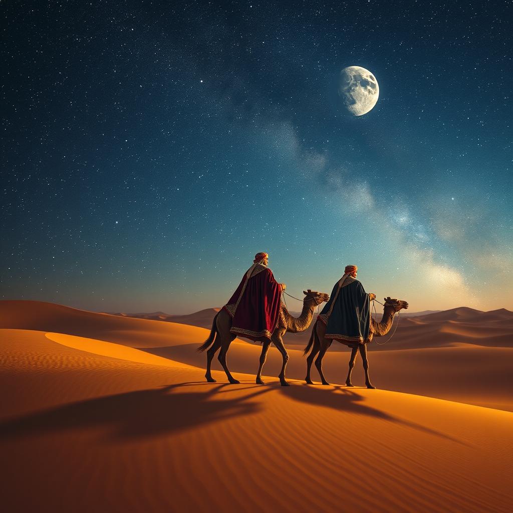 Three wise men from the East traveling across a vast desert under a beautifully starry night sky