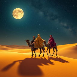 Three wise men from the East traveling across a vast desert under a beautifully starry night sky