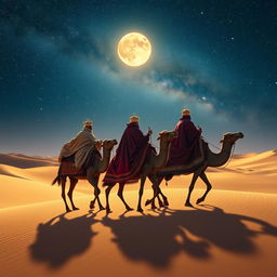 Three wise men from the East traveling across a vast desert under a beautifully starry night sky