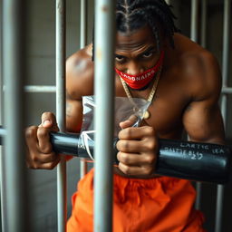 Close-up of a muscular African American gang member inside a prison cell