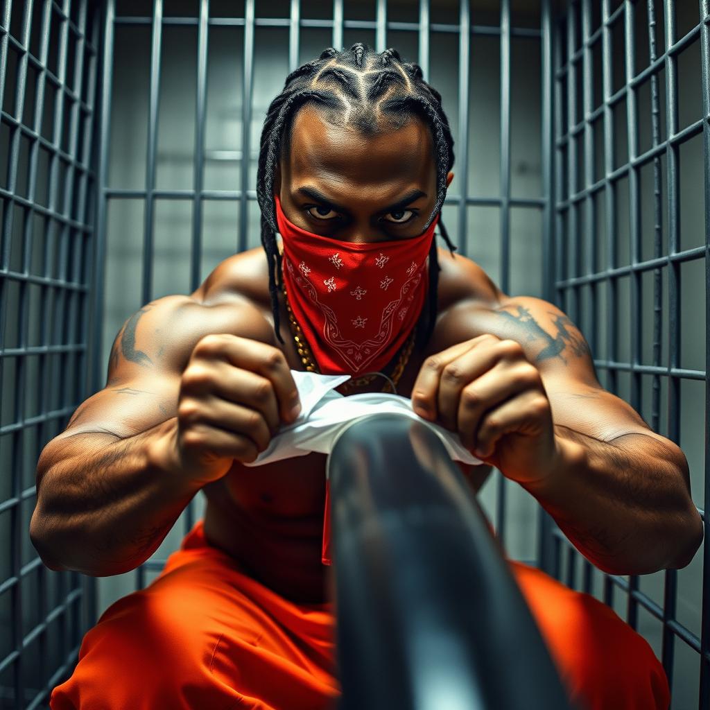 Close-up of a muscular African American gang member inside a prison cell