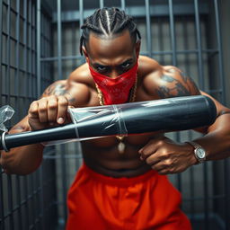 Close-up of a muscular African American gang member inside a prison cell