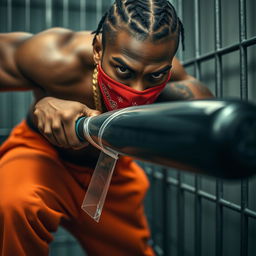 Close-up of a muscular African American gang member inside a prison cell