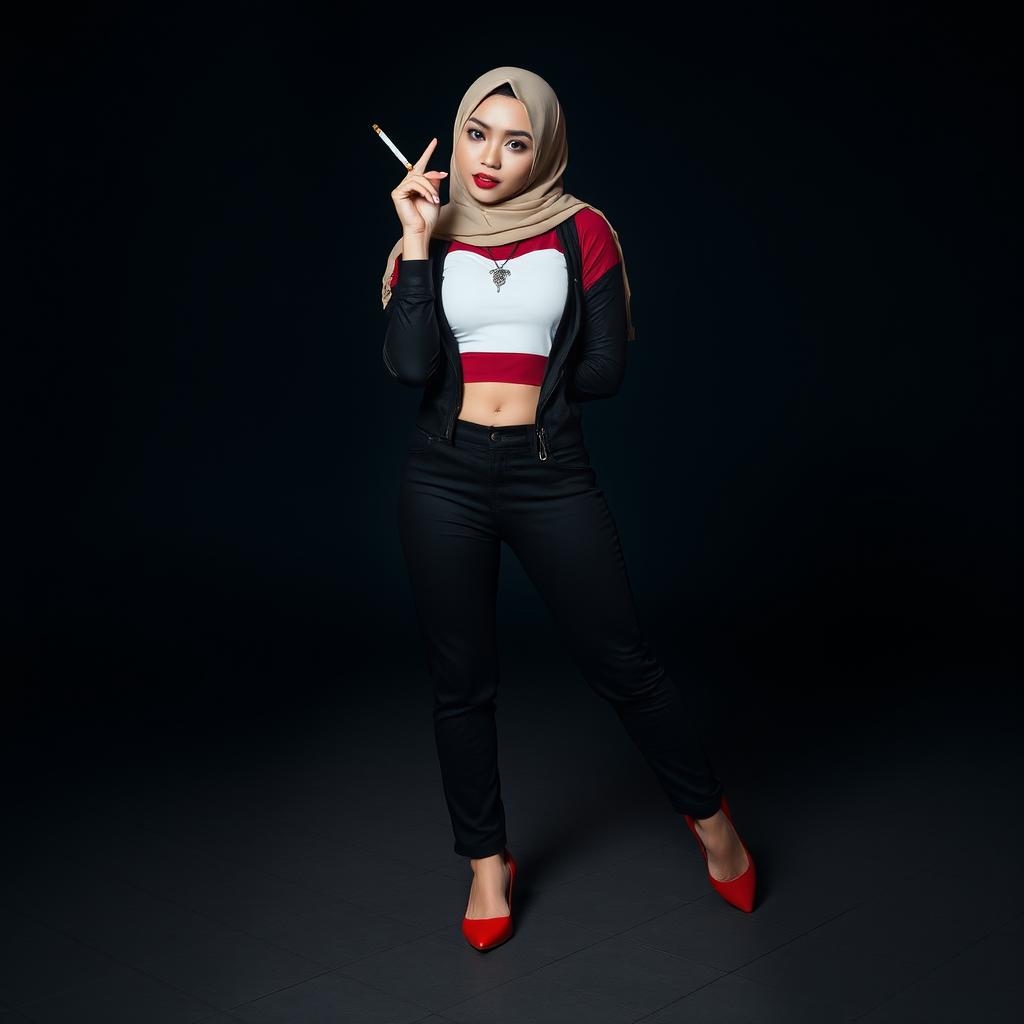 A daring and stylish Indonesian woman confidently combining Malay hijab style with bold modern fashion