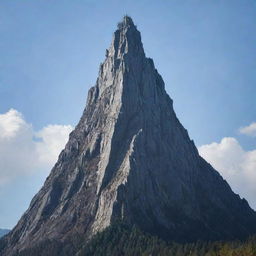 A towering mountain composed entirely of various types of swords, gleaming metallic under the crisp, clear sky.