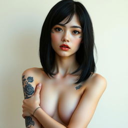 A slender girl with shoulder-length black hair and fine features, showcasing black tattoos on her forearms