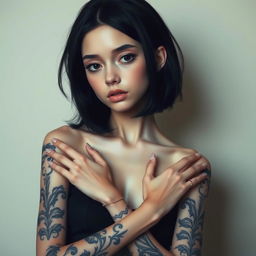 A slender girl with shoulder-length black hair and fine features, showcasing black tattoos on her forearms